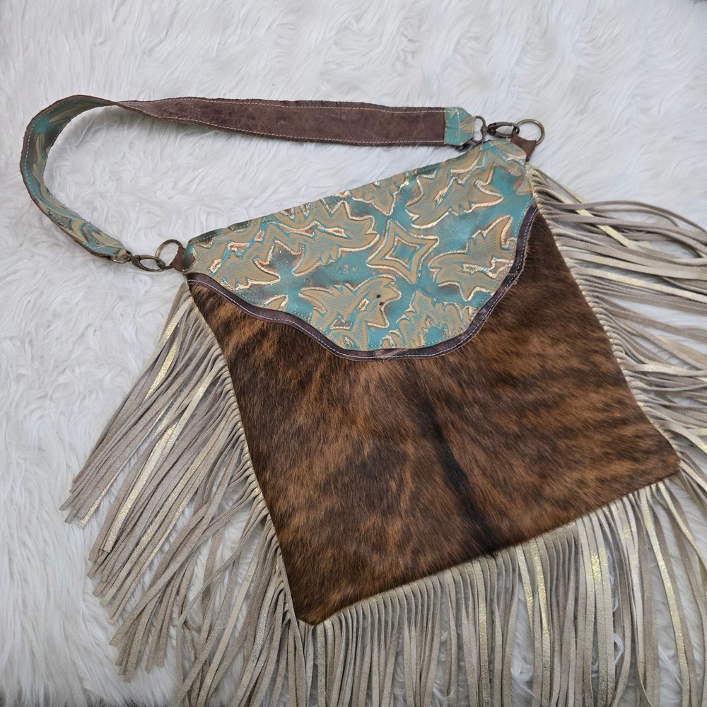 Dancing Cactus Designs Cowhide Fringe Crossbody Bag Turquoise Leather Western - Picture 2 of 16